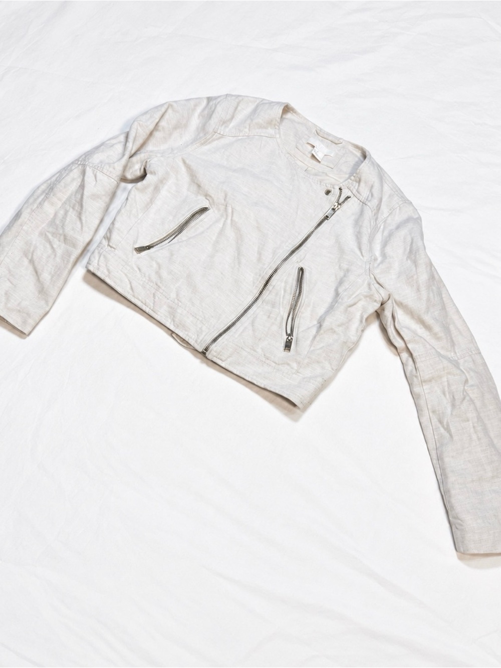 H&M Cropped Moto Jacket Beige Ivory Asymmetrical Zip Size 10 - Picture 2 of 6